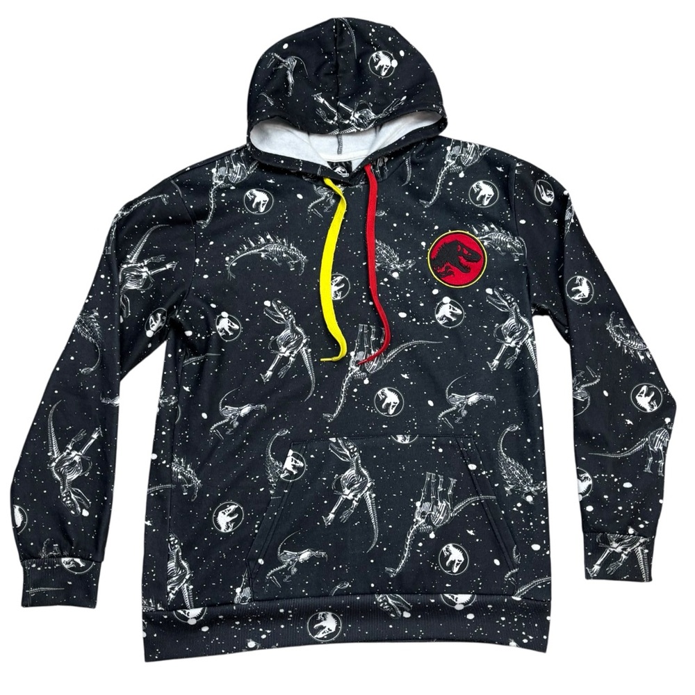 Mad Engine Jurassic World Black & White Embroider Patch Dinosaur Print Hoodie M